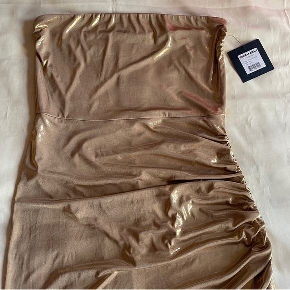 NEW! Norma Kamali- Gold Strapless Side Drape Gown Size XL Cocktail Dress Stretch - Picture 3 of 9